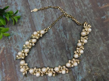 Gold-Tone Necklace with Faux Pearls and Rhinestones