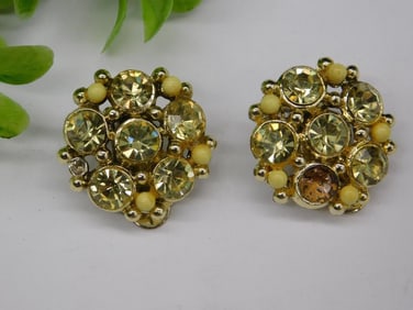 Vintage Gold-Tone Clip-On Earrings with Yellow Rhinestones