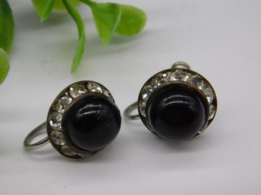 Vintage Screwback Earrings With Black Stone and Clear Accents