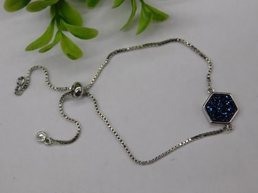 Silver-Tone Adjustable Bracelet with Blue Hexagon Pendant