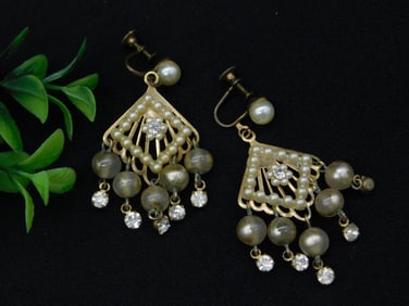 Vintage Faux Pearl and Rhinestone Drop Earrings