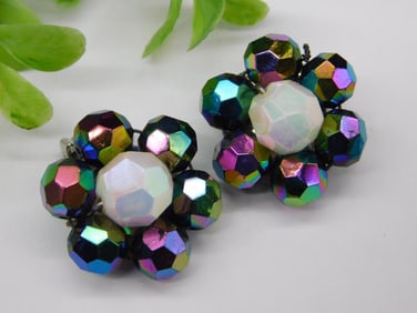 Vintage Multicolor Beaded Clip-On Floral Earrings