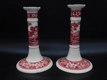 COPELAND SPODE TOWER PINK CANDLESTICKS VINTAGE ANTIQUE