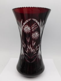 RUBY GLASS CUT CRYSTAL VASE WITH FLARED RIM AND FLORAL PATTERNS VINTAGE ANTIQUE