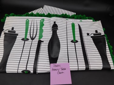 MID CENTURY Plastic Tablecloth with Green Pom-Pom Trim