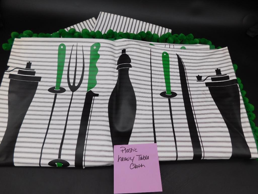 MID CENTURY Plastic Tablecloth with Green Pom-Pom Trim: MID CENTURY Plastic Tablecloth with Green Pom-Pom Trim