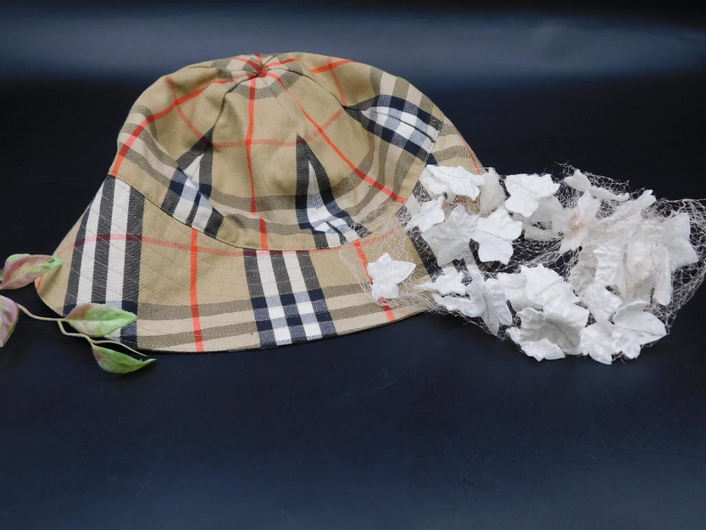 Burberry-Style Bucket Hat With Floral Veil: Burberry-Style Bucket Hat With Floral Veil