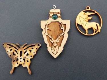 WOODEN PENDANTS BUTTERFLY DEER AND WOLF