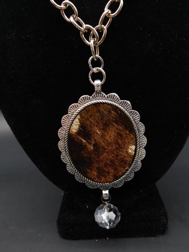 COW HIDE PENDANT ON CHAIN NECKLACE: COW HIDE PENDANT ON CHAIN NECKLACE
