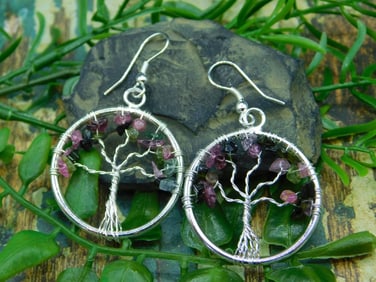 TOURMALINE WIRE TREE EARRINGS ROCK STONE LAPIDARY SPECIMEN