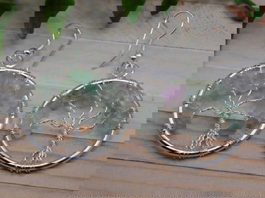 FLUORITE WIRE TREE EARRINGS ROCK STONE LAPIDARY SPECIMEN