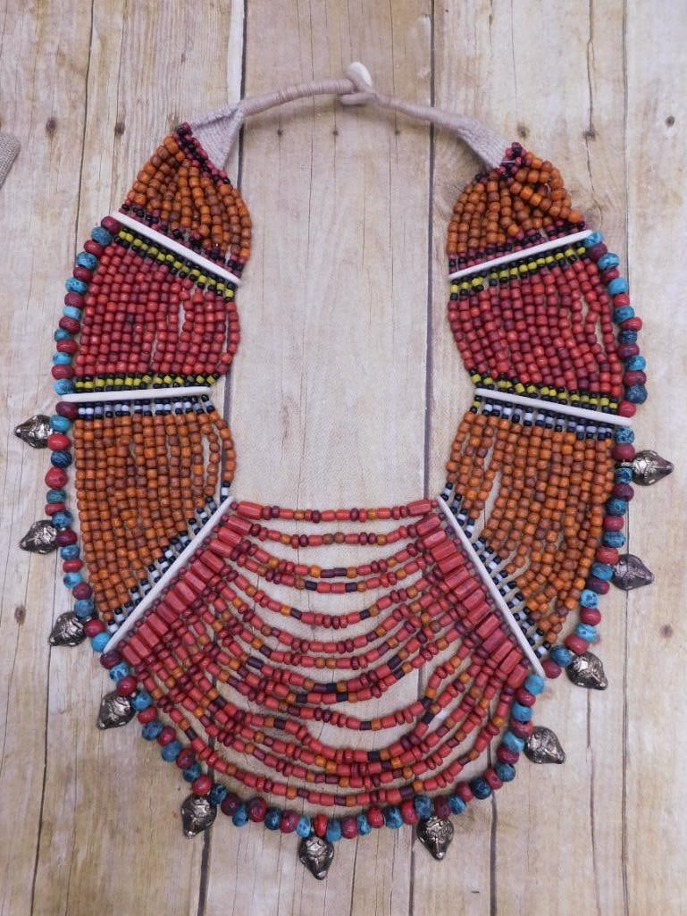 MULTICOLORED TRADITIONAL AFRICAN TRADE BEAD NECKLACE WITH METAL FACE ACCENTS (1 of 3)