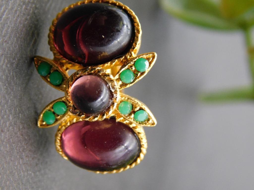 Gold-Tone Ring with Purple and Green Stone Accents: Gold-Tone Ring with Purple and Green Stone Accents