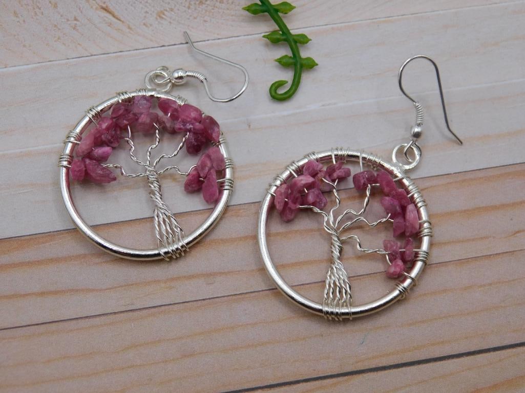 RHODOCHROSITE WIRE TREE EARRING ROCK STONE LAPIDARY SPECIMEN: RHODOCHROSITE WIRE TREE EARRING ROCK STONE LAPIDARY SPECIMEN