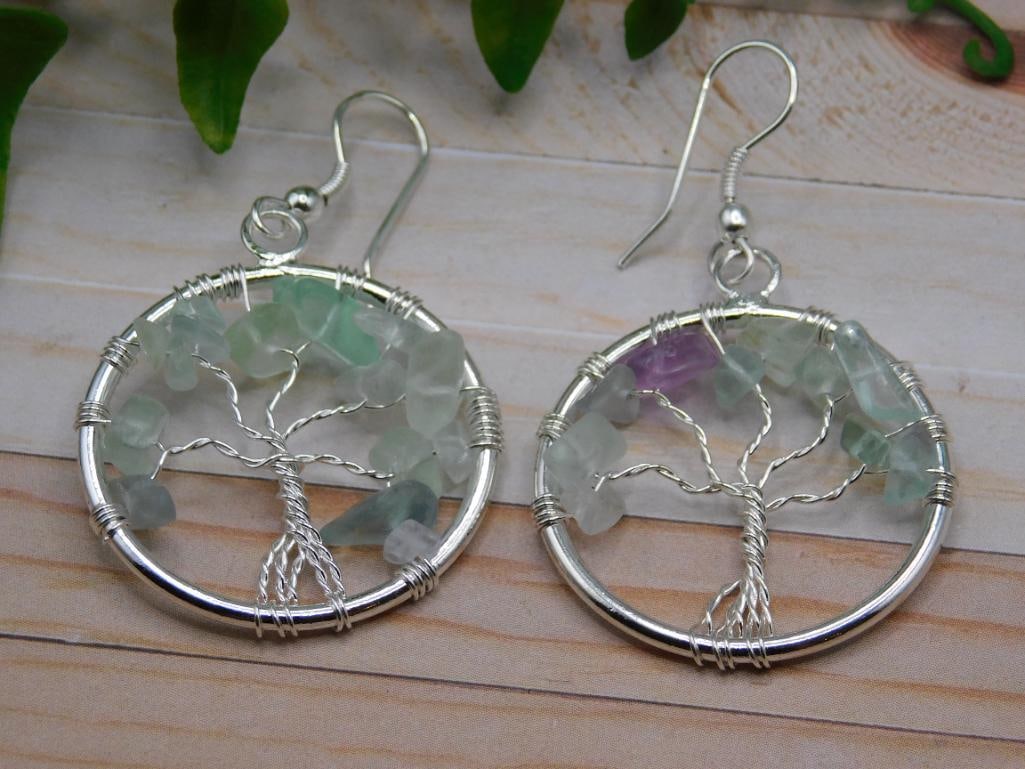 FLUORITE WIRE TREE EARRINGS ROCK STONE LAPIDARY SPECIMEN: FLUORITE WIRE TREE EARRINGS ROCK STONE LAPIDARY SPECIMEN