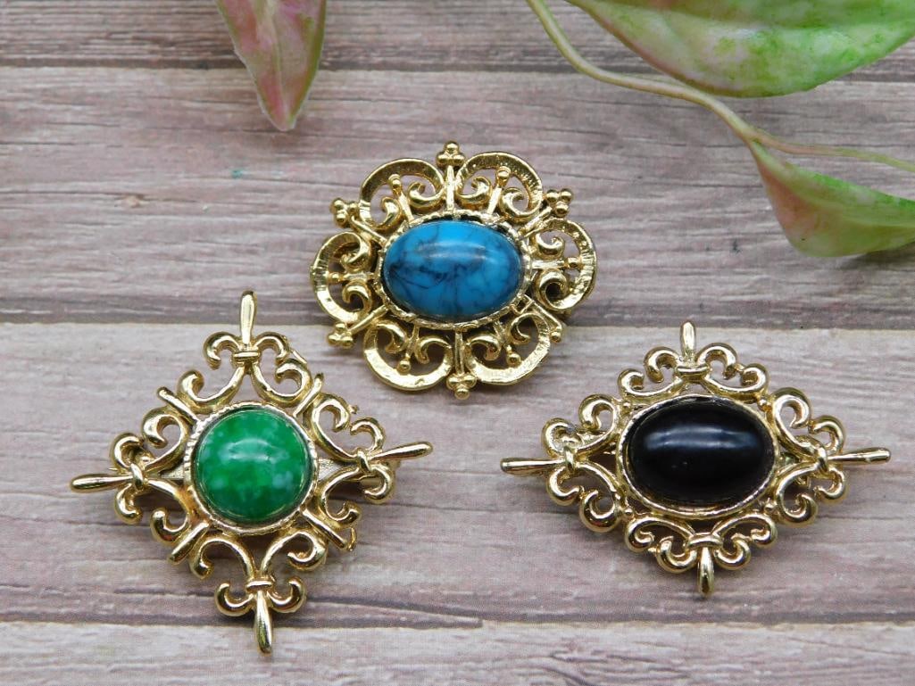 Set of Three Gold-Tone Brooches With Colored Stones (1 of 3)