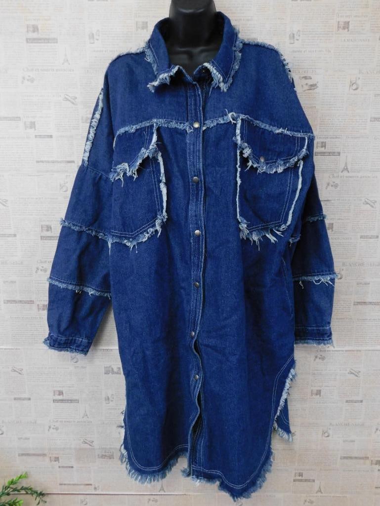 NEW VOCAL DISTRESSED DENIM JACKET TATTERED DUSTER SIZE LARGE NWT BOUTIQUE CLOTHING (1 of 4)
