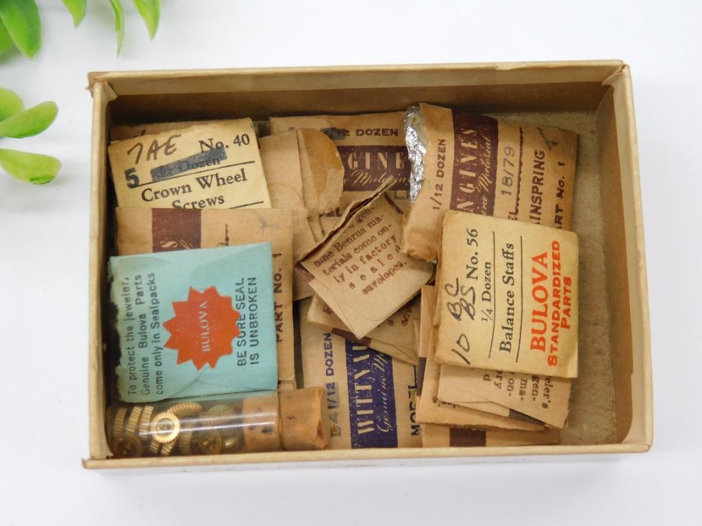 BULOVA AND BENRUS WATCH PARTS IN PACKAGING MIXED LOT VINTAGE ANTIQUE HOROLOGY TOOLS (1 of 2)