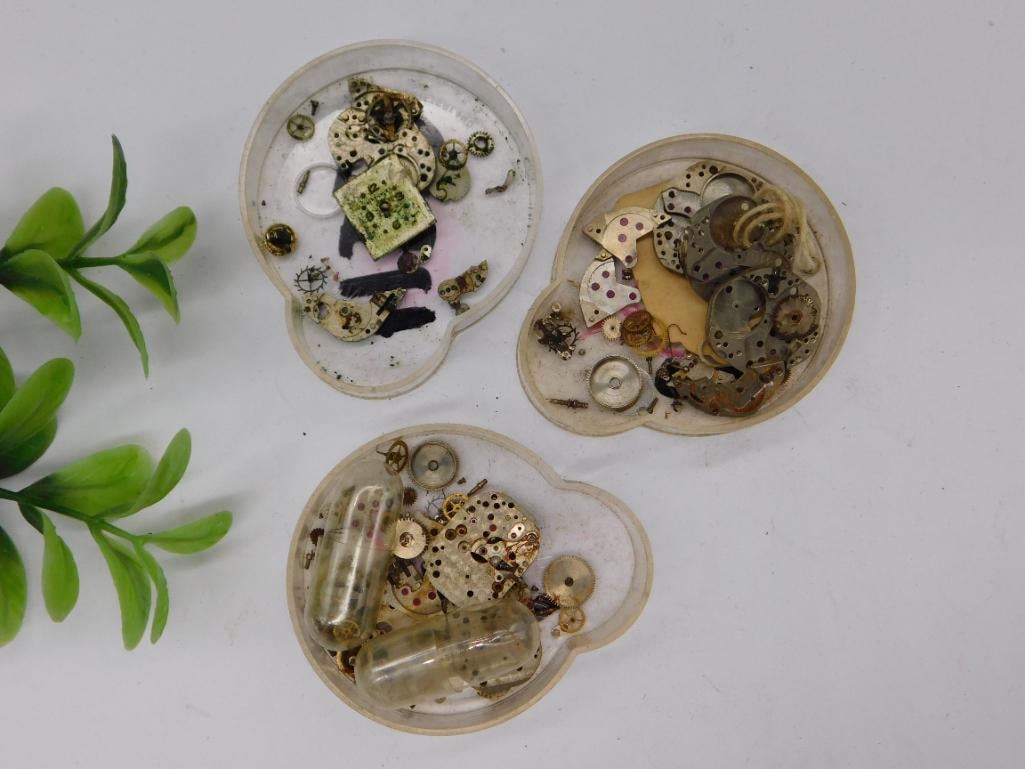 Three Containers with Watch Parts WATCHMAKER WATCHMAKING TOOLS: Three Containers with Watch Parts WATCHMAKER WATCHMAKING TOOLS