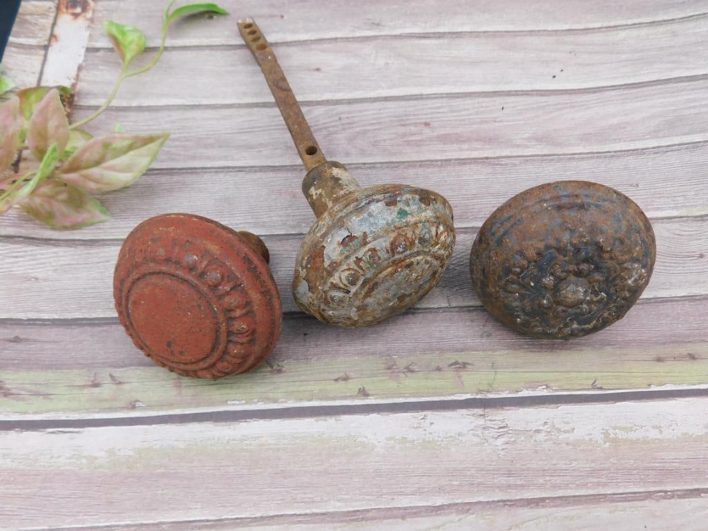 Set of Three Cast Iron Door Knobs with Decorative Patterns - 2