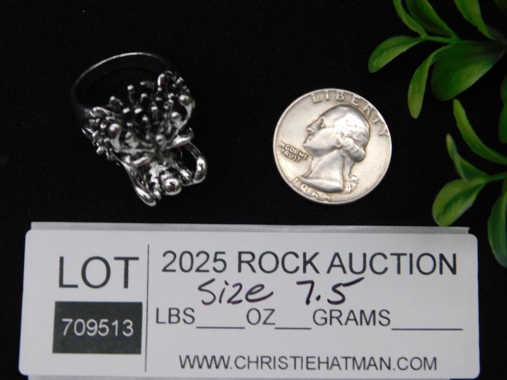 Silver Dragon Ring With Red Eyes and Pearl, Size 7.5: Silver Dragon Ring With Red Eyes and Pearl, Size 7.5