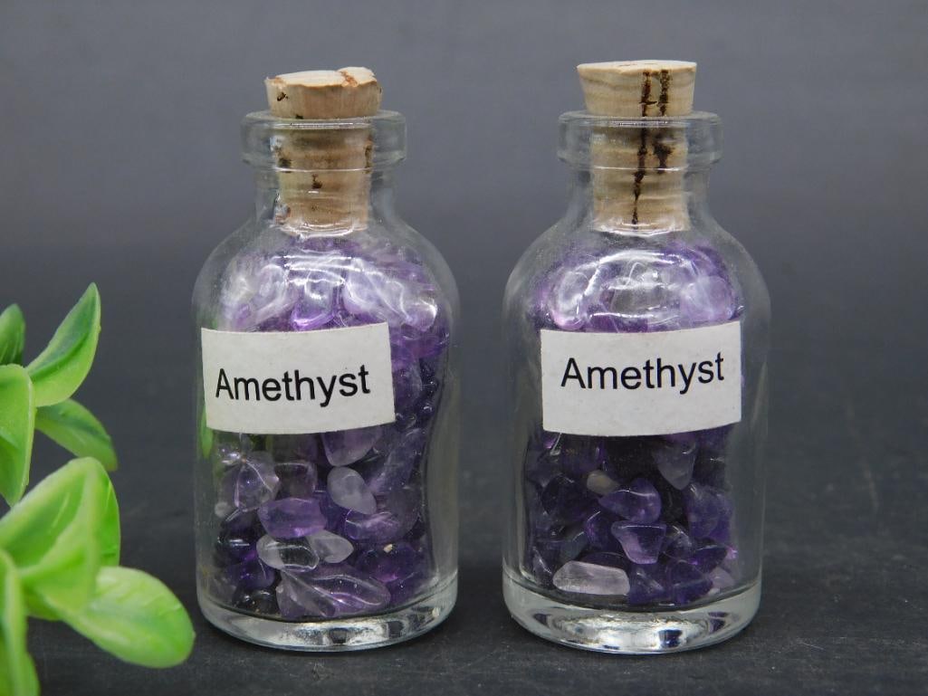 Two Small Glass Jars of Amethyst Chips: Two Small Glass Jars of Amethyst Chips
