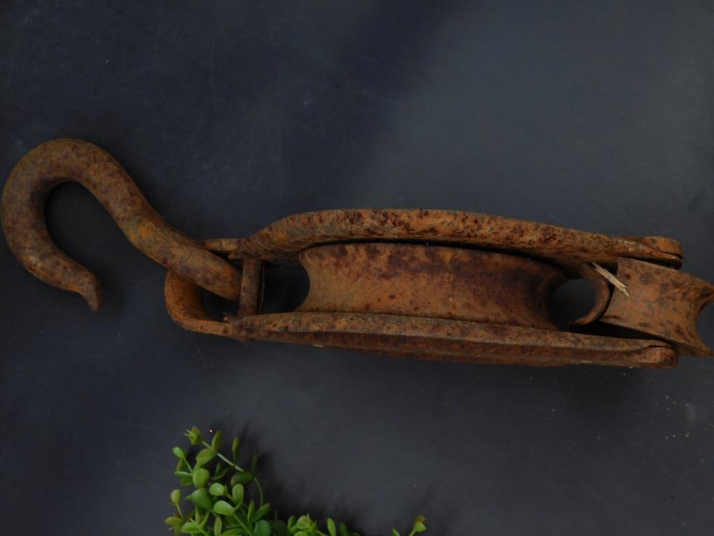 Rustic Antique Iron Pulley Block with Hook - 2