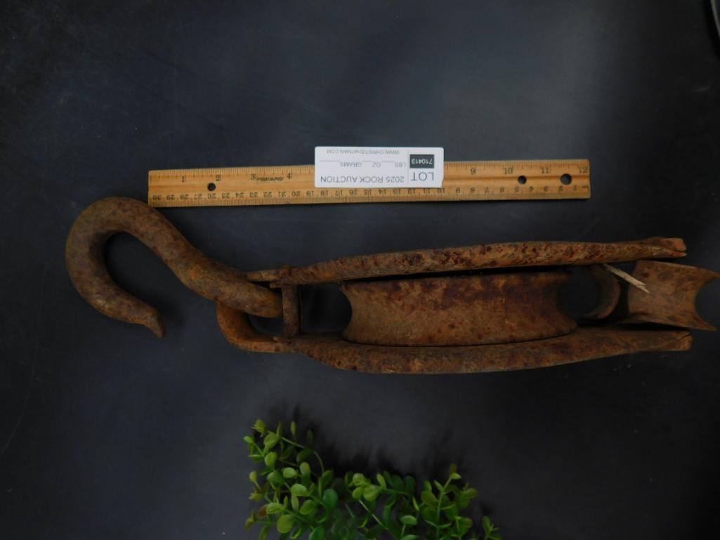 Rustic Antique Iron Pulley Block with Hook - 3