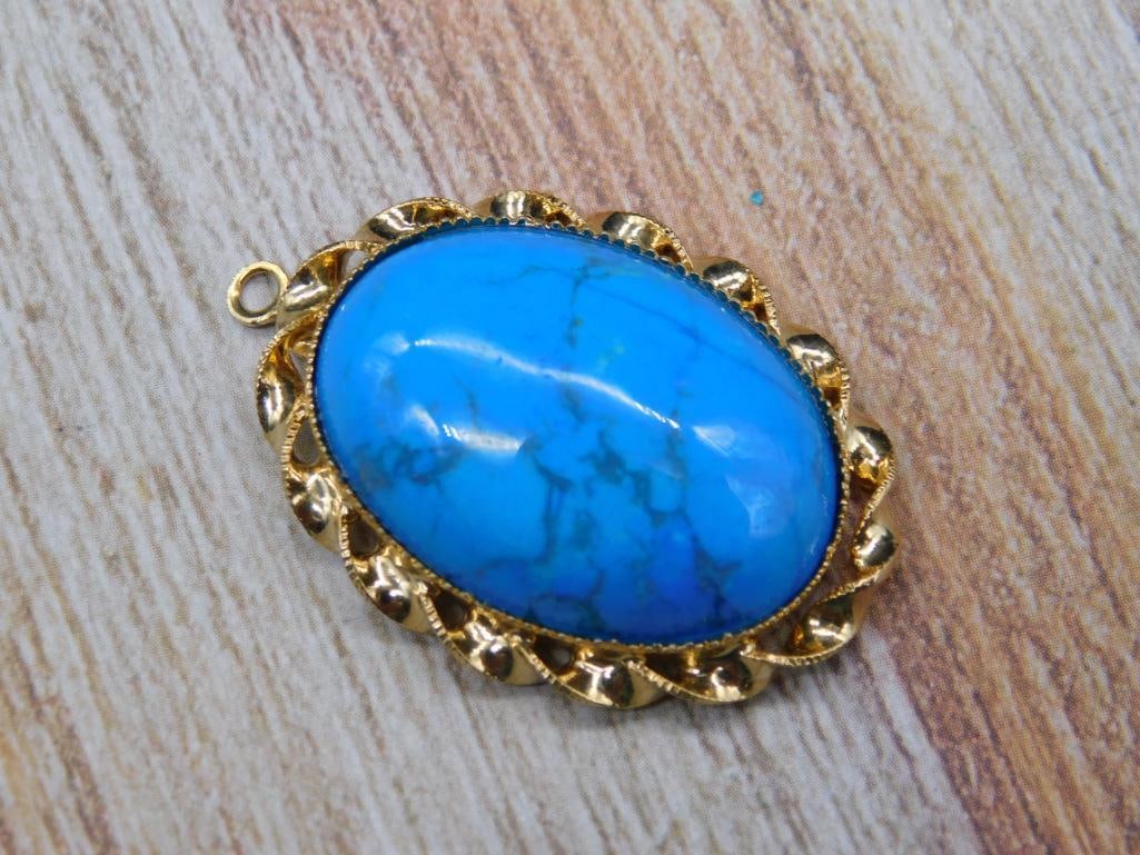 GOLD-TONED TURQUOISE PENDANT ROCK STONE LAPIDARY SPECIMEN (1 of 2)