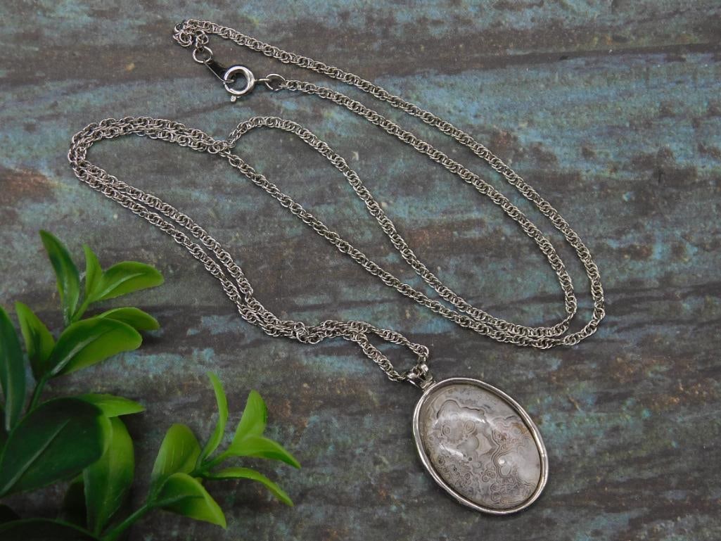 LAGUNA LACE PENDANT ON CHAIN NECKLACE ROCK STONE LAPIDARY SPECIMEN: LAGUNA LACE PENDANT ON CHAIN NECKLACE ROCK STONE LAPIDARY SPECIMEN