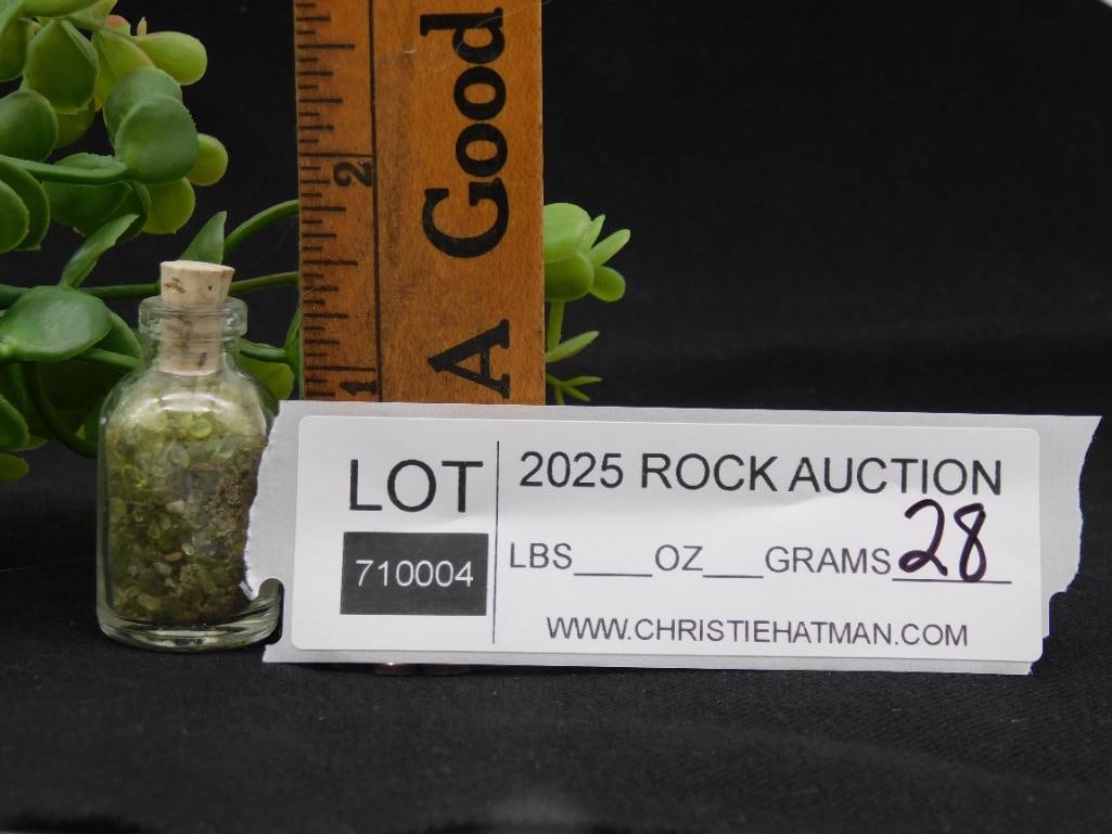Small Glass Bottle Containing Peridot Stones ROCK STONE LAPIDARY SPECIMEN: Small Glass Bottle Containing Peridot Stones ROCK STONE LAPIDARY SPECIMEN