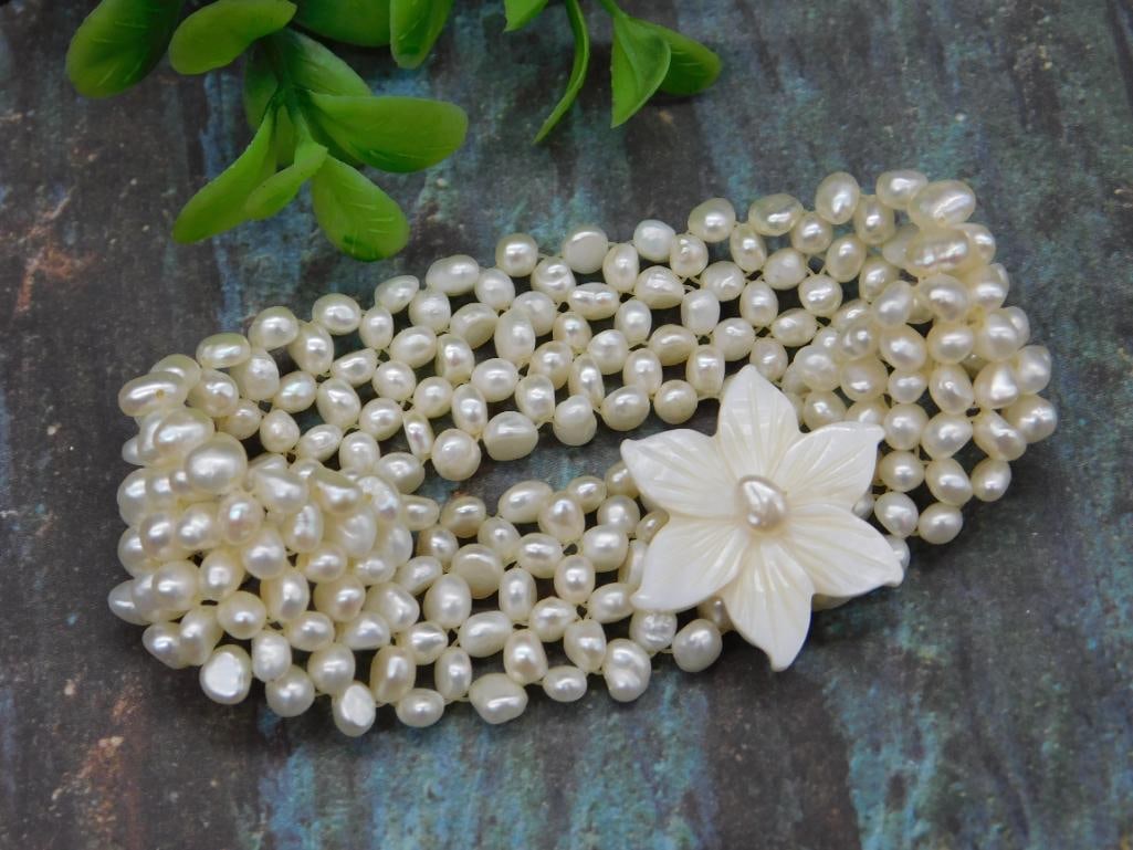 Multi-Strand Freshwater Pearl Bracelet with Floral Clasp: Multi-Strand Freshwater Pearl Bracelet with Floral Clasp