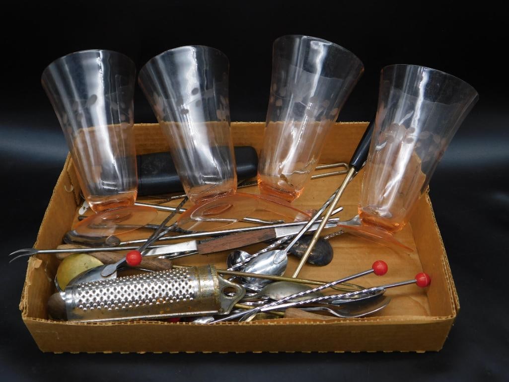 MIXED KITCHEN LOT GLASSES, UTENSILS, STIR STICKS, SPOONS, COCKTAIL ACCESSORIES: MIXED KITCHEN LOT GLASSES, UTENSILS, STIR STICKS, SPOONS, COCKTAIL ACCESSORIES
