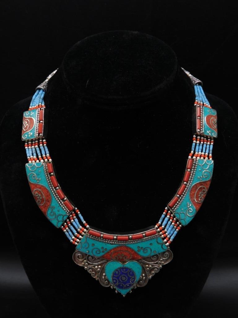 LAPIS LAZULI, TURQUOISE, AND RED CORAL NECKLACE: LAPIS LAZULI, TURQUOISE, AND RED CORAL NECKLACE