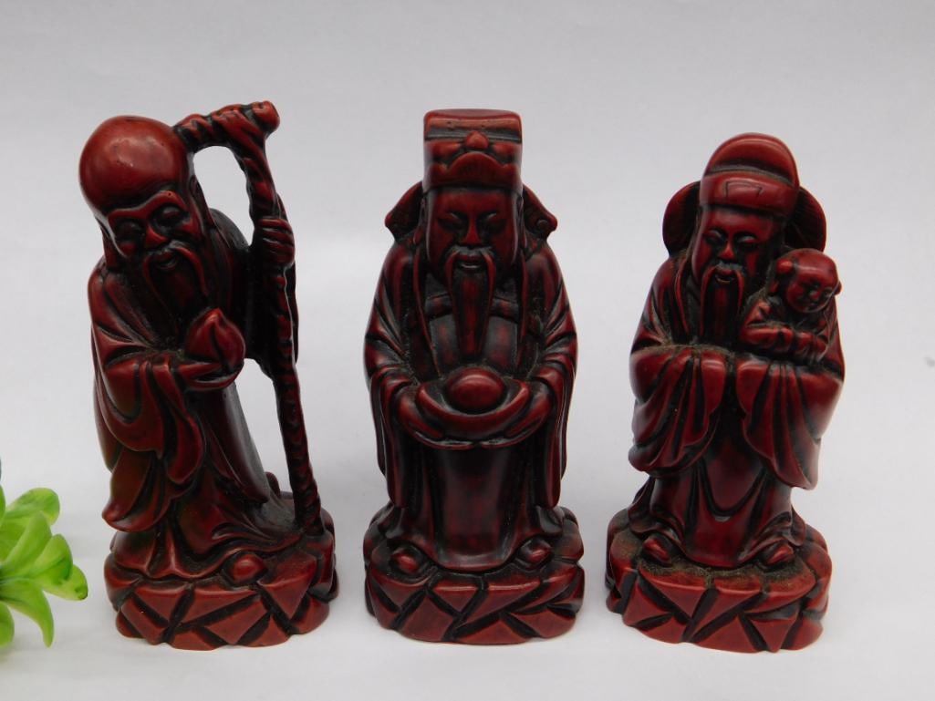 Three Taiwanese Fu Lu Shou Figurines in Red Finish: Three Taiwanese Fu Lu Shou Figurines in Red Finish