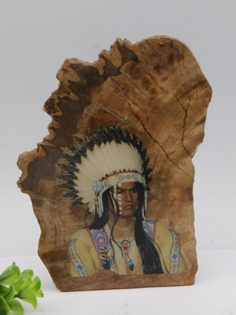 Petrified Wood Slab With Native American Chief Illustration: Petrified Wood Slab With Native American Chief Illustration