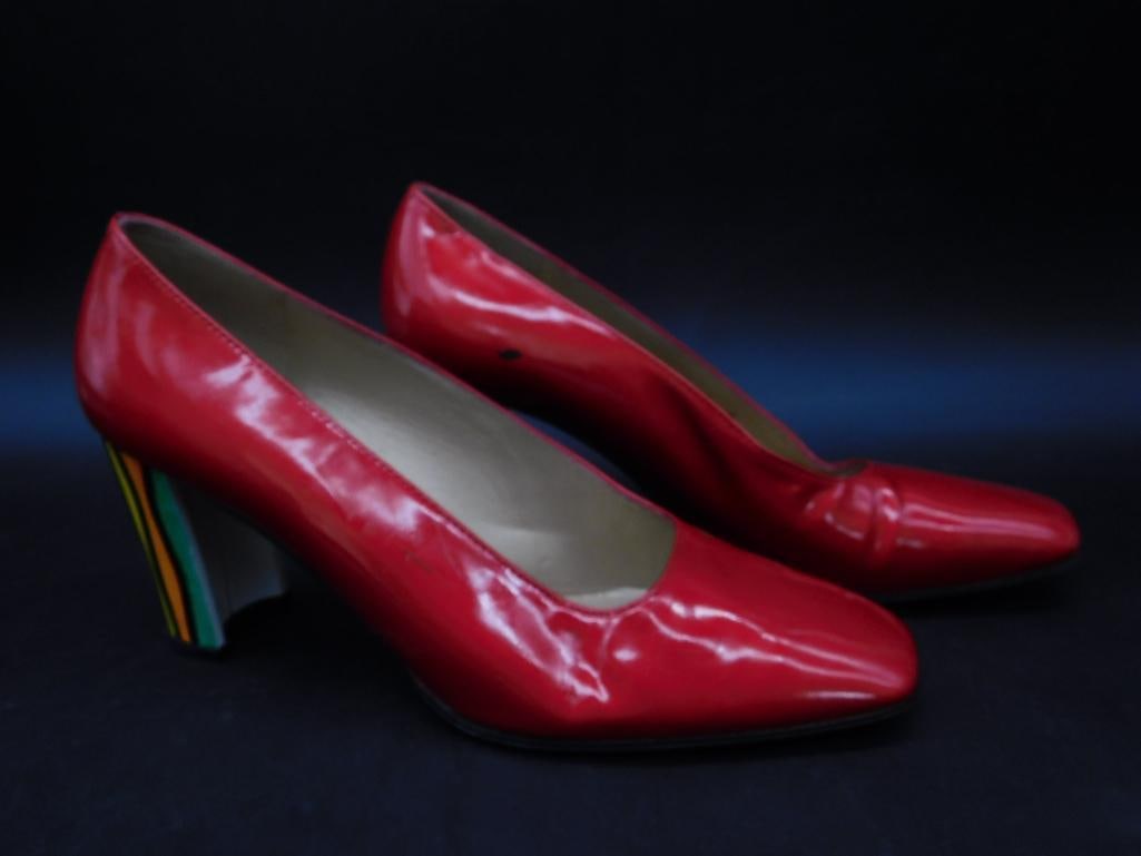 Stuart Weitzman Red Patent Leather Heels With Multicolor Heel: Stuart Weitzman Red Patent Leather Heels With Multicolor Heel