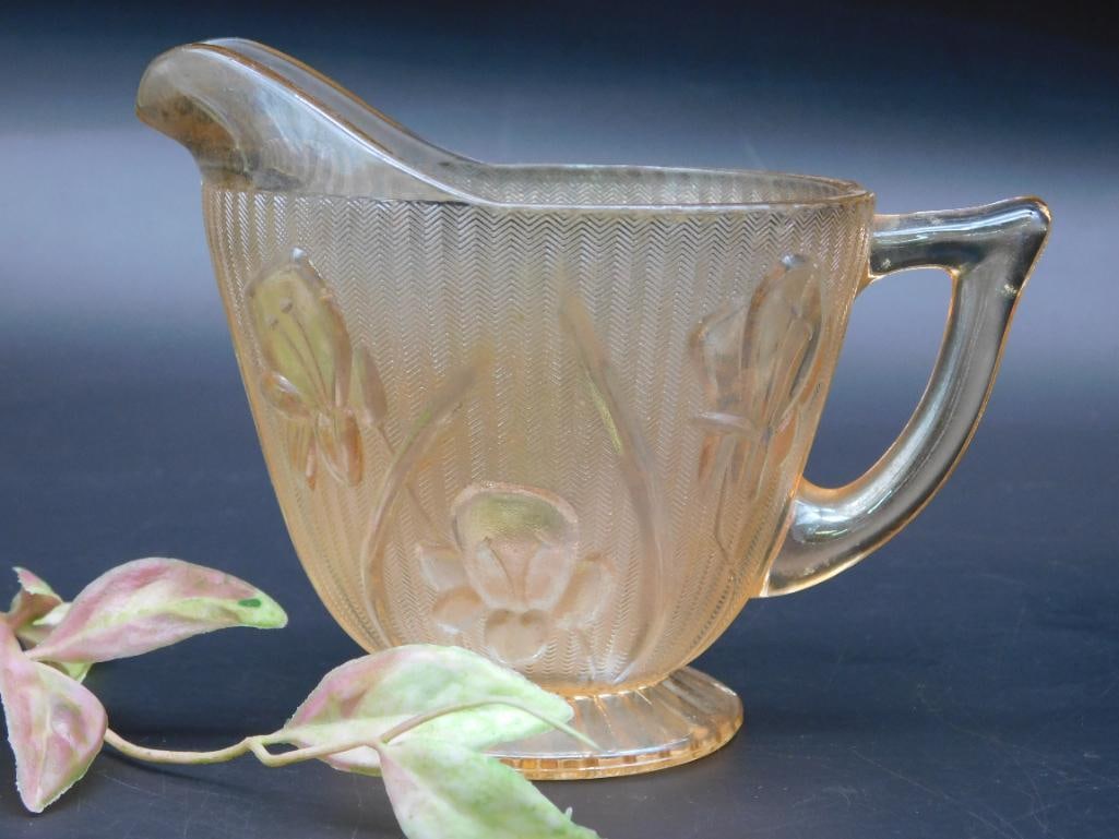 Pressed Glass Creamer with Floral Motif: Pressed Glass Creamer with Floral Motif