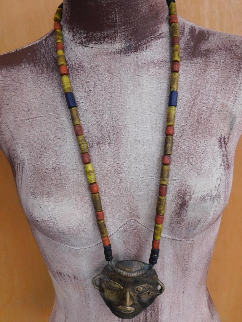BRASS MASK AFRICAN TRADE BEAD NECKLACE: BRASS MASK AFRICAN TRADE BEAD NECKLACE