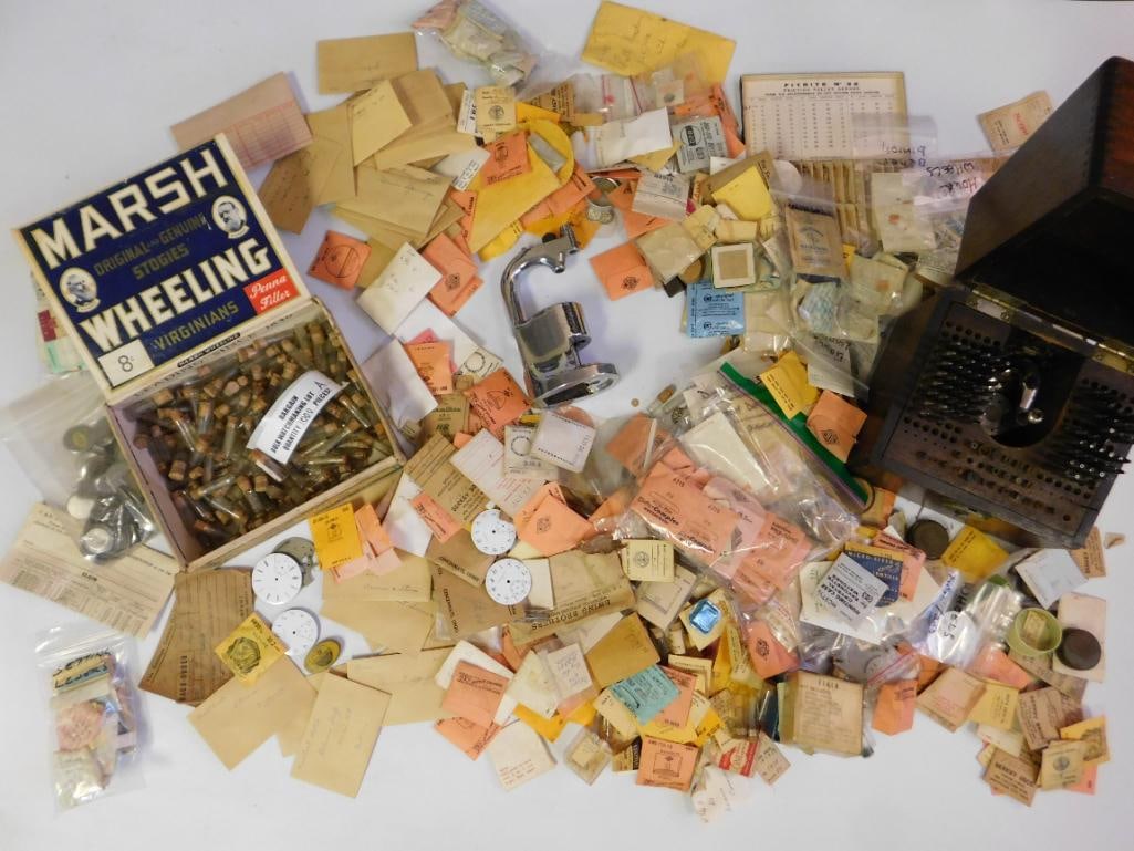 Estate Watchmaker Hoard 1000+ Pc Bulk Lot Vintage Watchmaking Tools, Parts & Repair Components: This massive Estate Watchmaker Hoard contains over 1,000 pieces of vintage watchmaking tools, parts, and micro-components accumulated over a lifetime on the bench. The lot includes crowns, gears, jewe