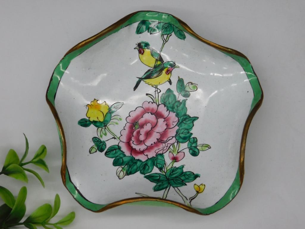 Hand-Painted Ceramic Dish With Floral and Bird Design: Hand-Painted Ceramic Dish With Floral and Bird Design