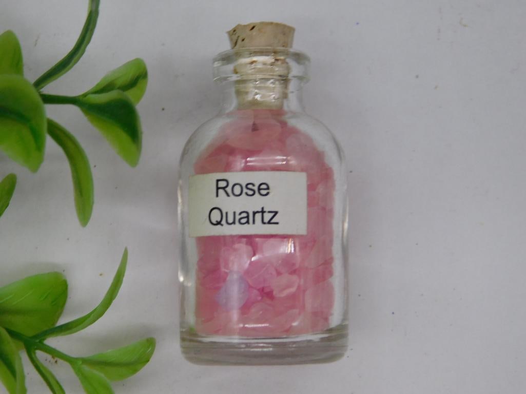 Small Glass Jar of Rose Quartz Gemstones Rock Stone Lapidary Specimen: Small Glass Jar of Rose Quartz Gemstones Rock Stone Lapidary Specimen