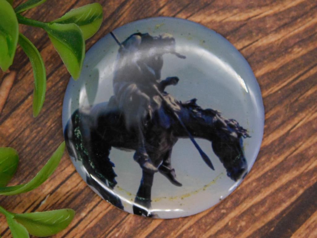 Round Pinback Button Featuring Horse and Rider Design: Round Pinback Button Featuring Horse and Rider Design