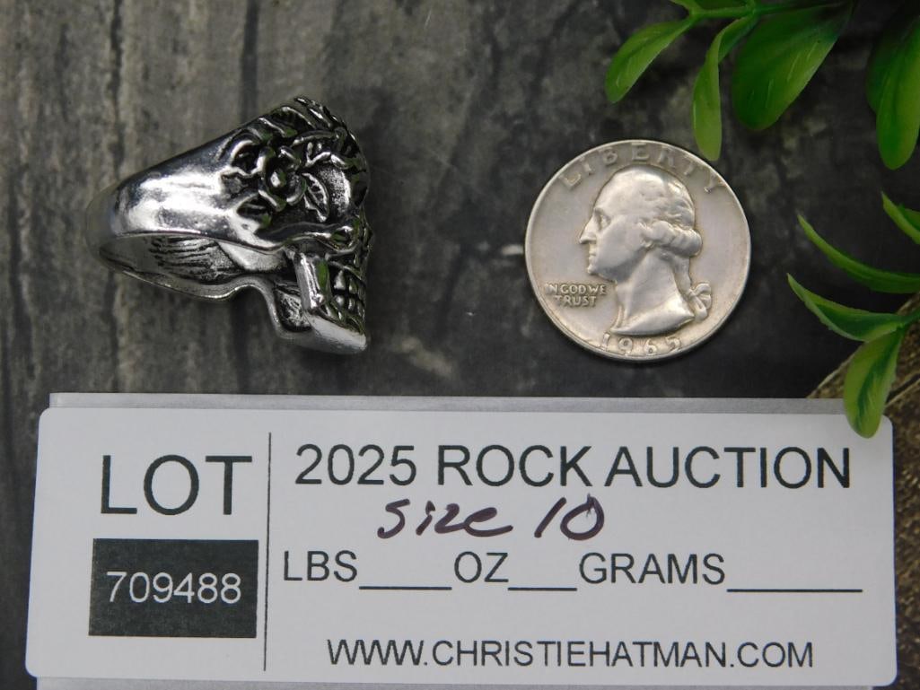 Silver Tone Skull Ring with Floral Design, Size 10: Silver Tone Skull Ring with Floral Design, Size 10