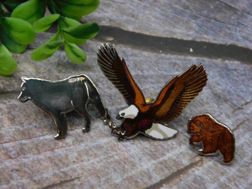 Metal Animal Pins Featuring Wolf, Eagle, and Bear: Metal Animal Pins Featuring Wolf, Eagle, and Bear