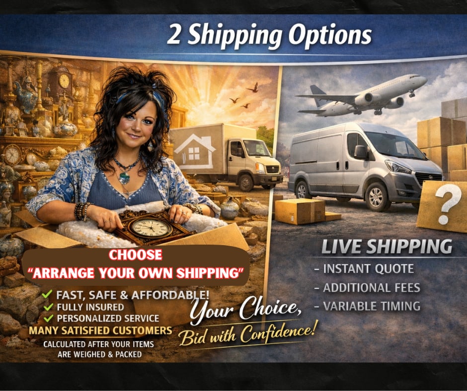 GOOD NEWS! YOU HAVE 3 SHIPPING OPTIONS!: 1. LIVE SHIPPING (with Live Auctioneers, ships in house) FLAT RATE PAY NOW! 2. HATMAN AUCTION SHIPPING (In House Shipping) SHIPPING CALCULATED AFTER YOUR ITEMS ARE PACKAGED AND WEIGHED. Select SELF AR