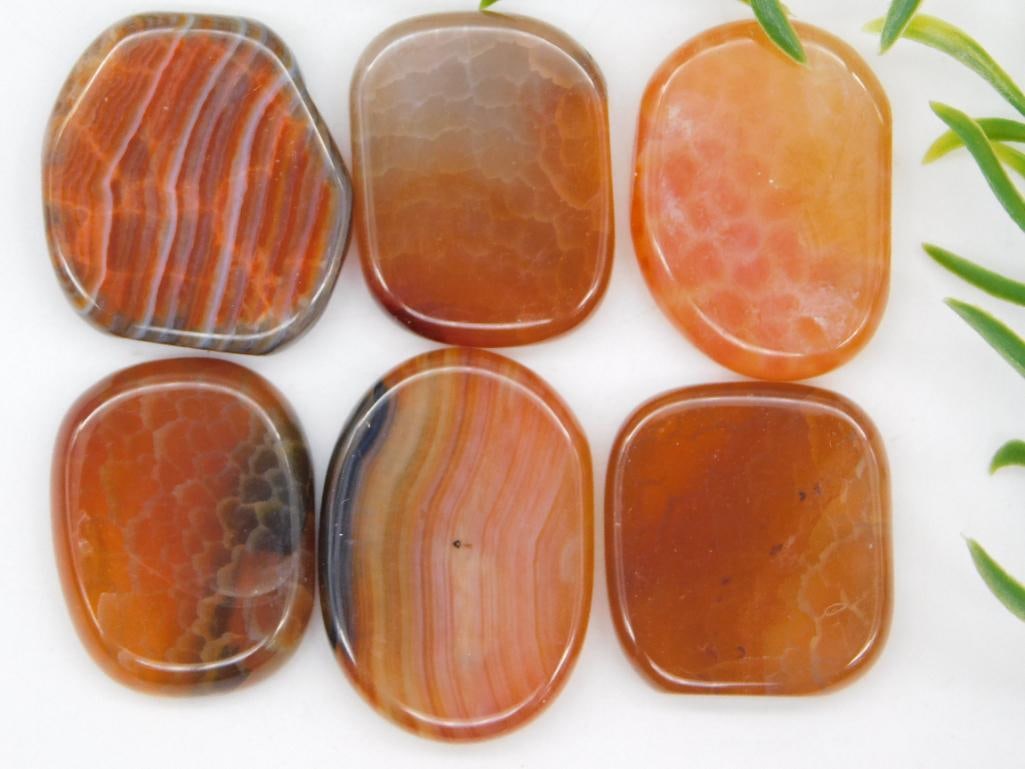 FIRE AGATE AND BANDED CARNELIAN PALMSTONES ROCK STONE LAPIDARY SPECIMEN: FIRE AGATE AND BANDED CARNELIAN PALMSTONES ROCK STONE LAPIDARY SPECIMEN