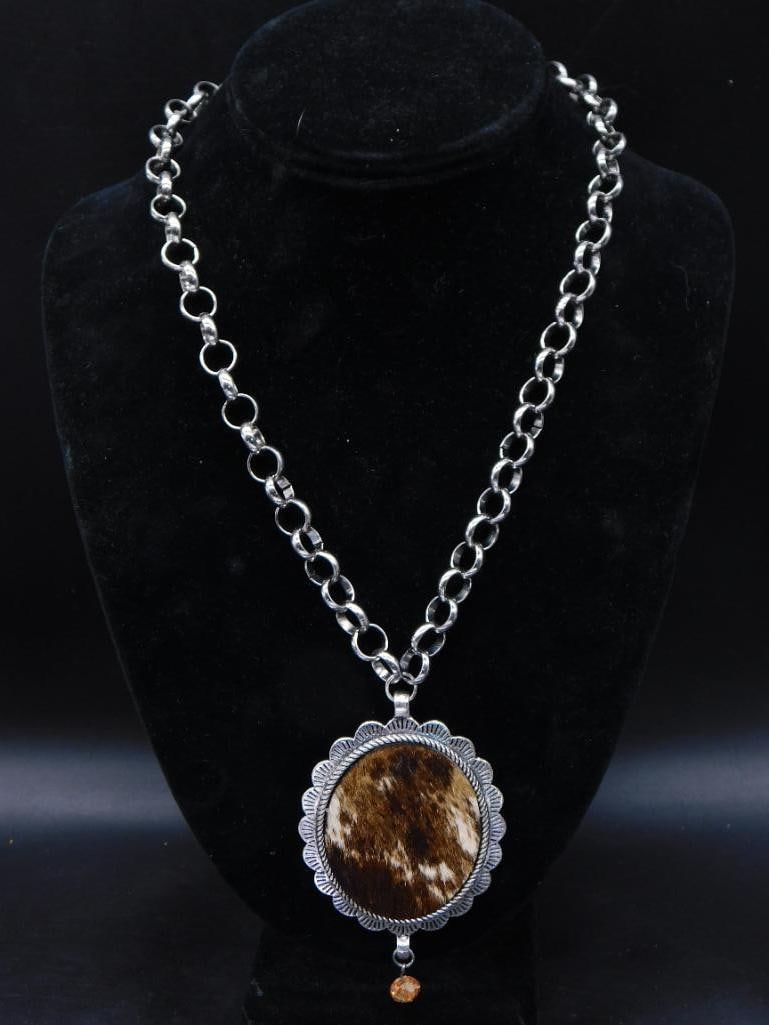COW HIDE PENDANT ON CHAIN NECKLACE: COW HIDE PENDANT ON CHAIN NECKLACE