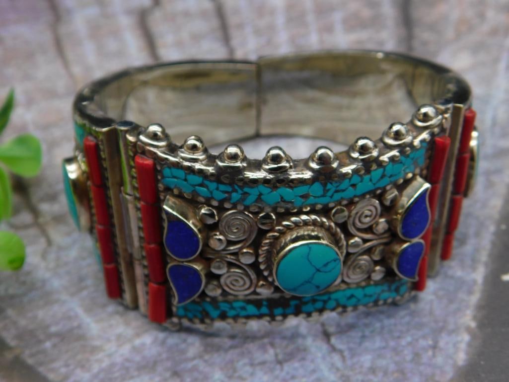 TURQUOISE, LAPIS LAZULI, AND RED CORAL CUFF BRACELET (1 of 3)