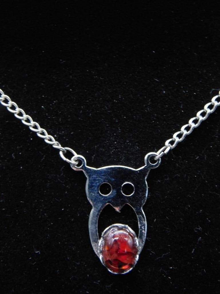 Silver Owl Pendant Necklace with Red Stone: Silver Owl Pendant Necklace with Red Stone